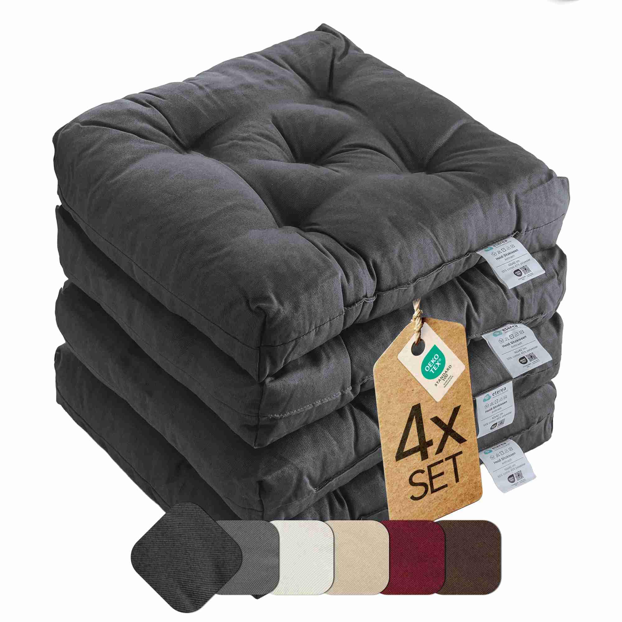 etérea Sitzkissen 42x42 cm 4er Set - Anthrazit 8 cm hoch - Bodenkissen für Indoor, Outdoor, Küche, Garten, Auflage - Heidi Stuhlauflage - 4 Stück Stuhlkissen 40x40 cm Anthrazit