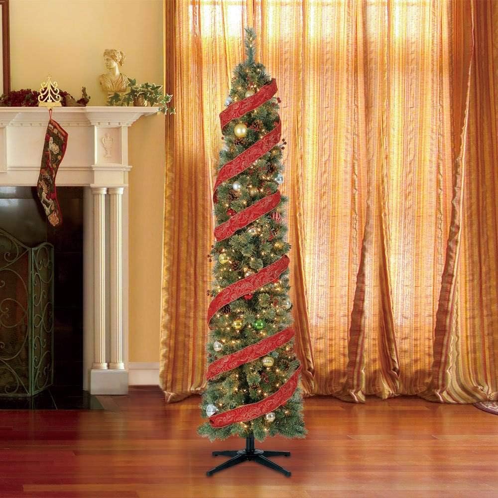 Home Heritage Stanley 7' Pencil Pine Artificial Christmas Tree Prelit 350 White Incandescent Lights, Pinecones, Berries, 335 PVC Tips, Stand, Green
