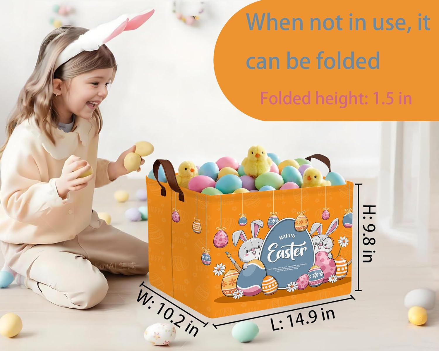 Large Easter Basket Folded Teen Eggs Box Canvas Empty Shelf Storage Bin Bunny Room Decor (Yellow)