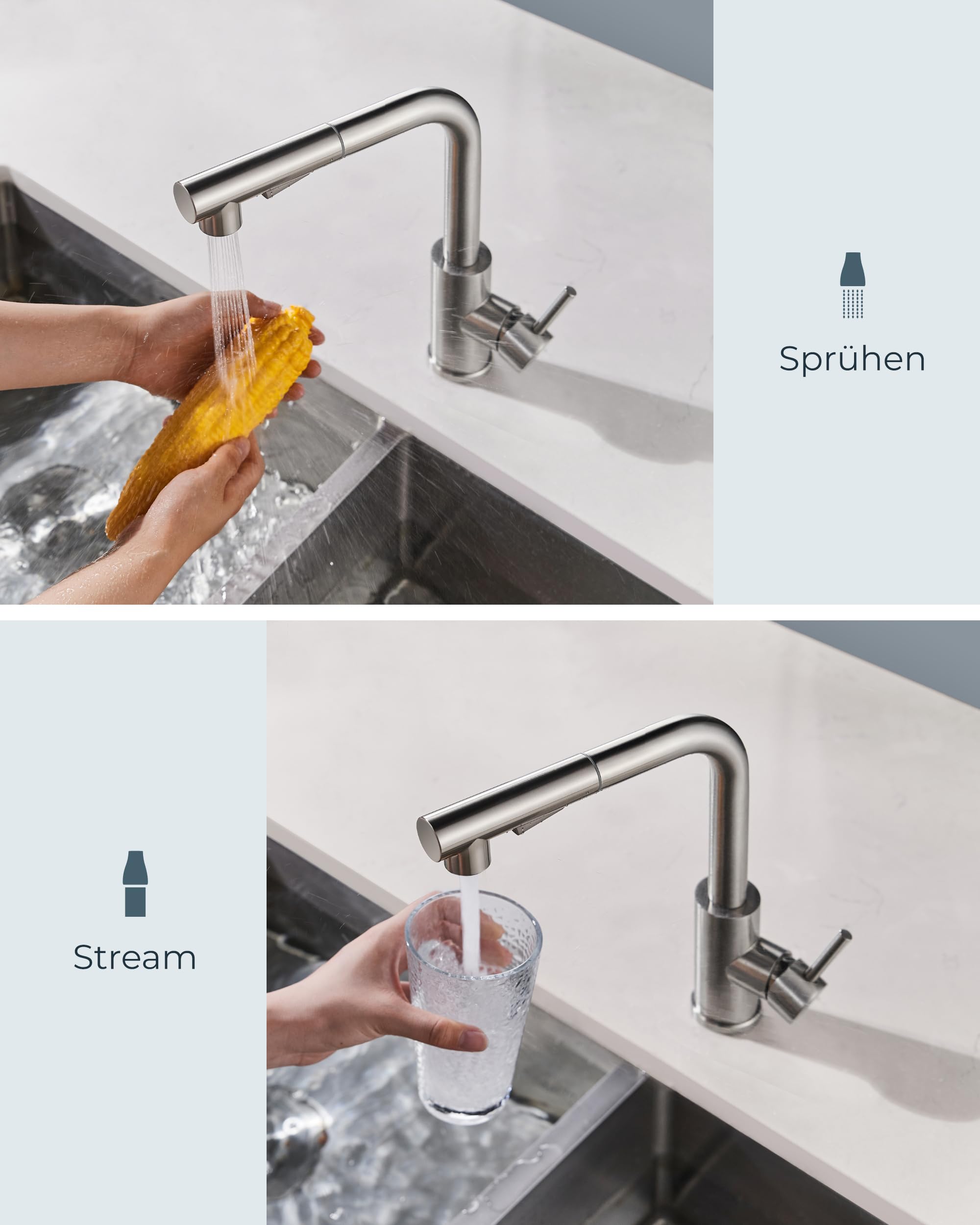 FORIOUS Niederdruck-Küchenarmatur, Einhebel-Warm- und Kaltwasserhahn, Wasserhahn mit 3 anschluessen fuer boiler, geeignet für Boiler und Untertischboiler, Roestvrij Staal