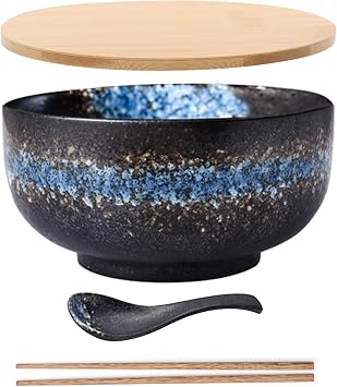 Japanese Ramen Bowls Japanese Rice Bowl Contains chopsticks and spoons Japanese Blue Ceramic Hand Drawn Rice Bowl Retro Tablewarel 6.5 inch