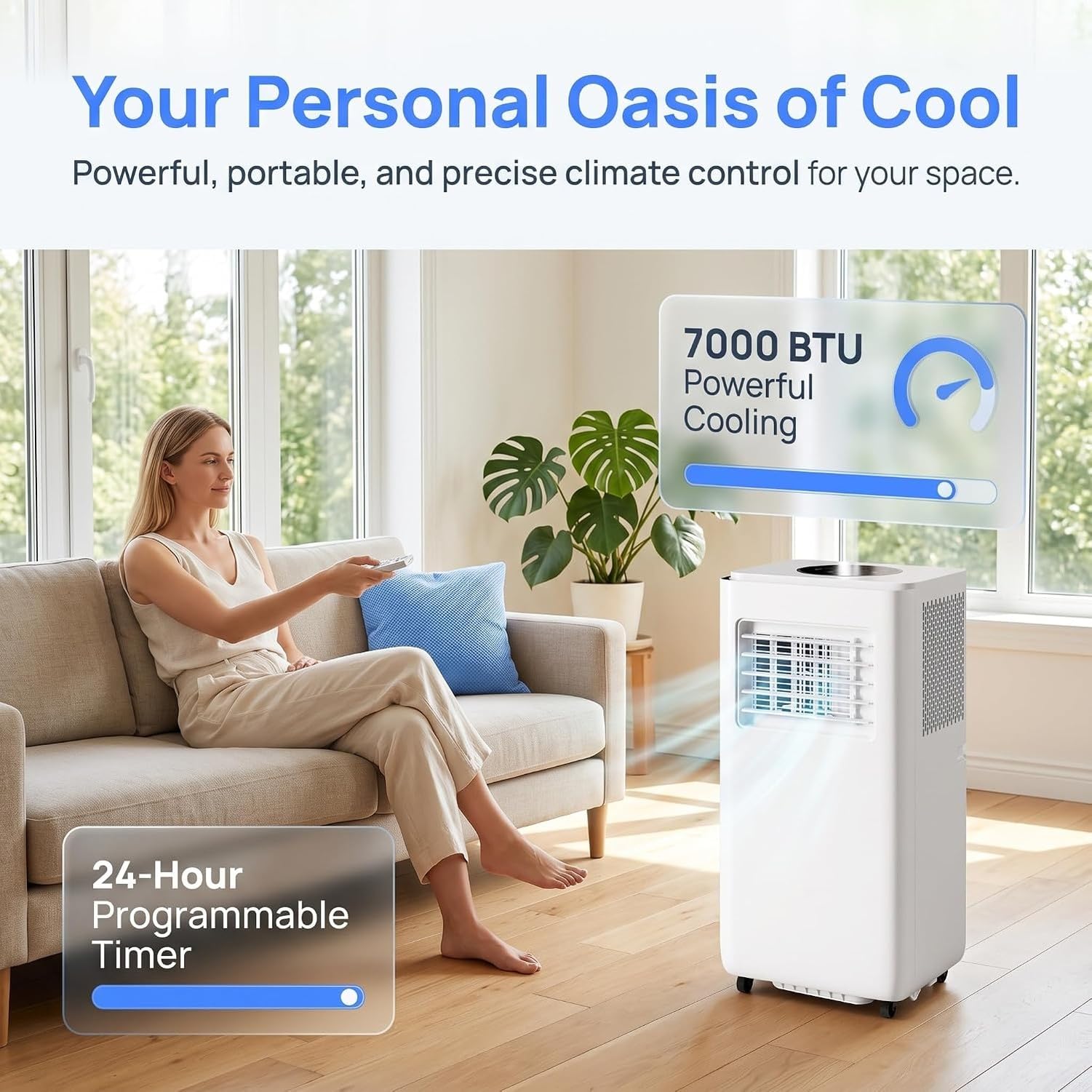 Tragbare Klimaanlage 14000 BTU, Fernbedienung, 24h Timer, Fensterset, kühlt bis 28 m², Oszillationsfunktion, 2 Geschwindigkeitsstufen für zu Hause & Büro, 14000 BTU, 14000 BTU