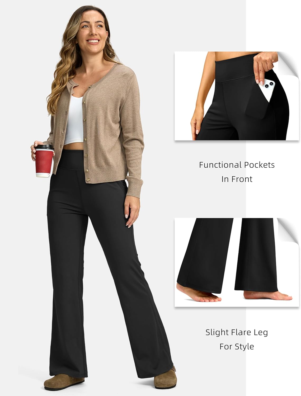 SANTINY Bootcut Pants for Women 28.5"/32"/32" Loose High Waisted Wide Leg Leggings Flare Yoga Pants with Pockets (Black_32-XS) - Image 6