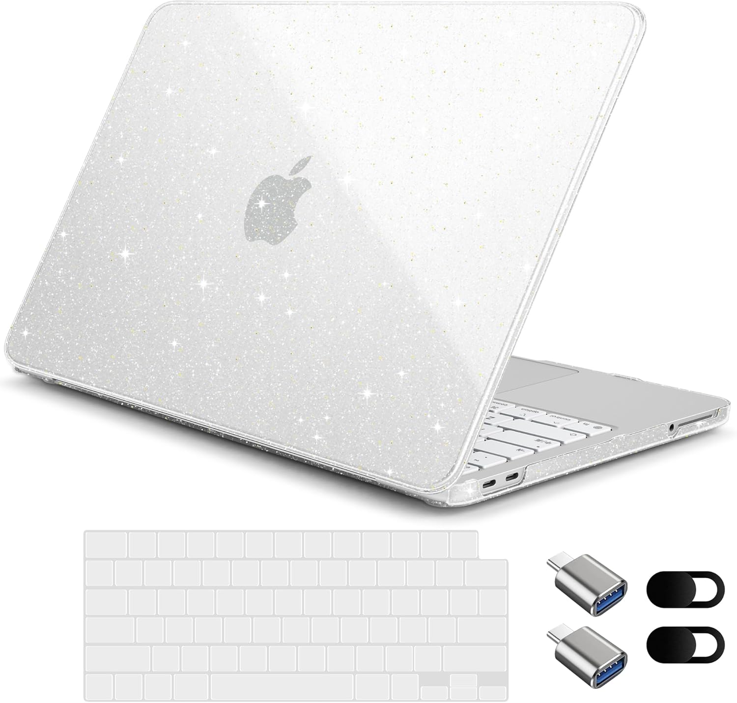for MacBook Neo 13 Inch Case 2026 Release Model A3404, Bling Glitter Hard Shell with Keyboard Cover, 2 Webcam Covers & USB Adapter, 6-in-1 Bundle for Women Girls, Glitter‌ Clear
