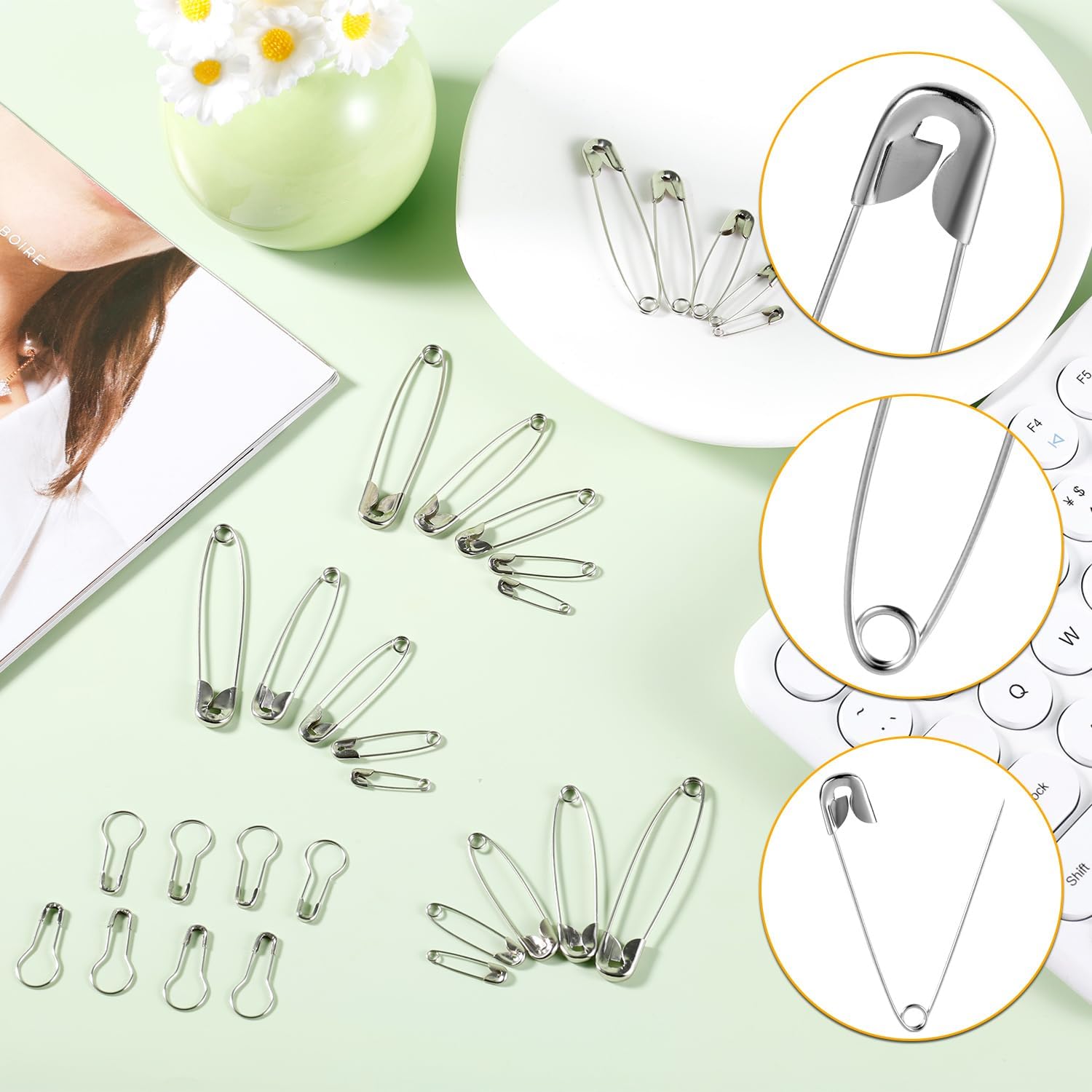 500pcs Safety Pins Assorted Size, 2 Design Metal Stainless Steel Sewing Bulb 22/19/28/38/45/54mm Strong Small Clothing Tag Gourd Calabash Bulb Pin with Storage Box for Clothes Craft Knitting Quilting