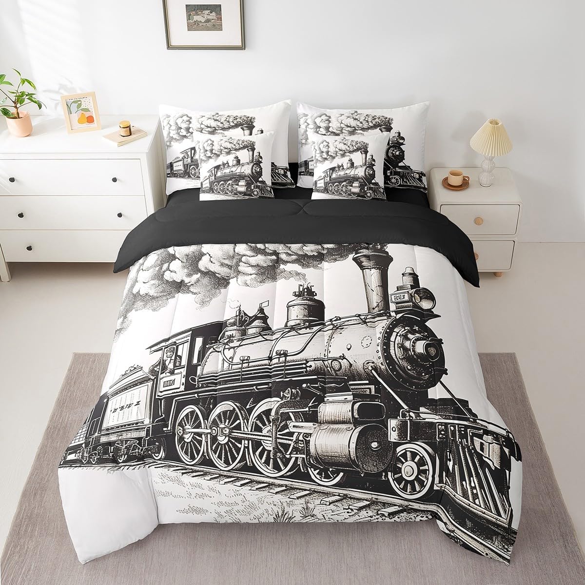 Erosebridal 7Pcs Train Bed in A Bag Twin Size Steam Engine Train Bedding Sets for Kids Boys Girls Teens Retro Vintage Trains Sheets Set with Comforter