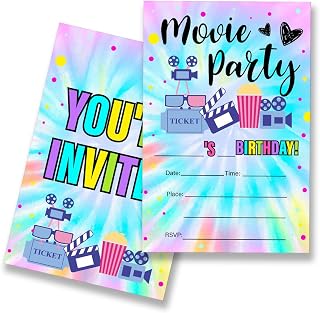EUDOSI Movie Party Birthday Invitations Supplies Fill-In Set of 20 with Envelopes Backyard Movie Birthday Bash Invites Cards, Double Sided