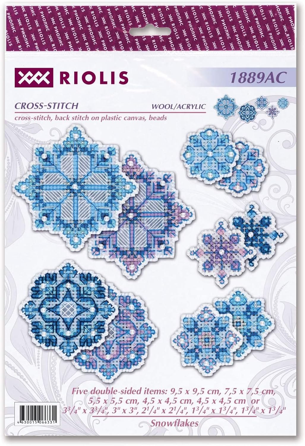 RIOLIS - Snowflakes 1889AC, Cross Stitch Kits 3½" x 3½", Cross Stitch Kits for Beginners & Advanced, Crossstitching Kit Adult, Embroidery Counted Stitching Kit