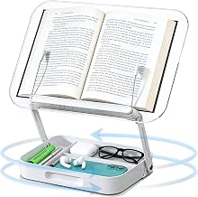 Acrylic Book Stand with Storage, Adjustable Height Book Holder for Reading with 360° Rotating Bases & Page Clips Foldable Desktop Riser for Laptop Recipe Textbook