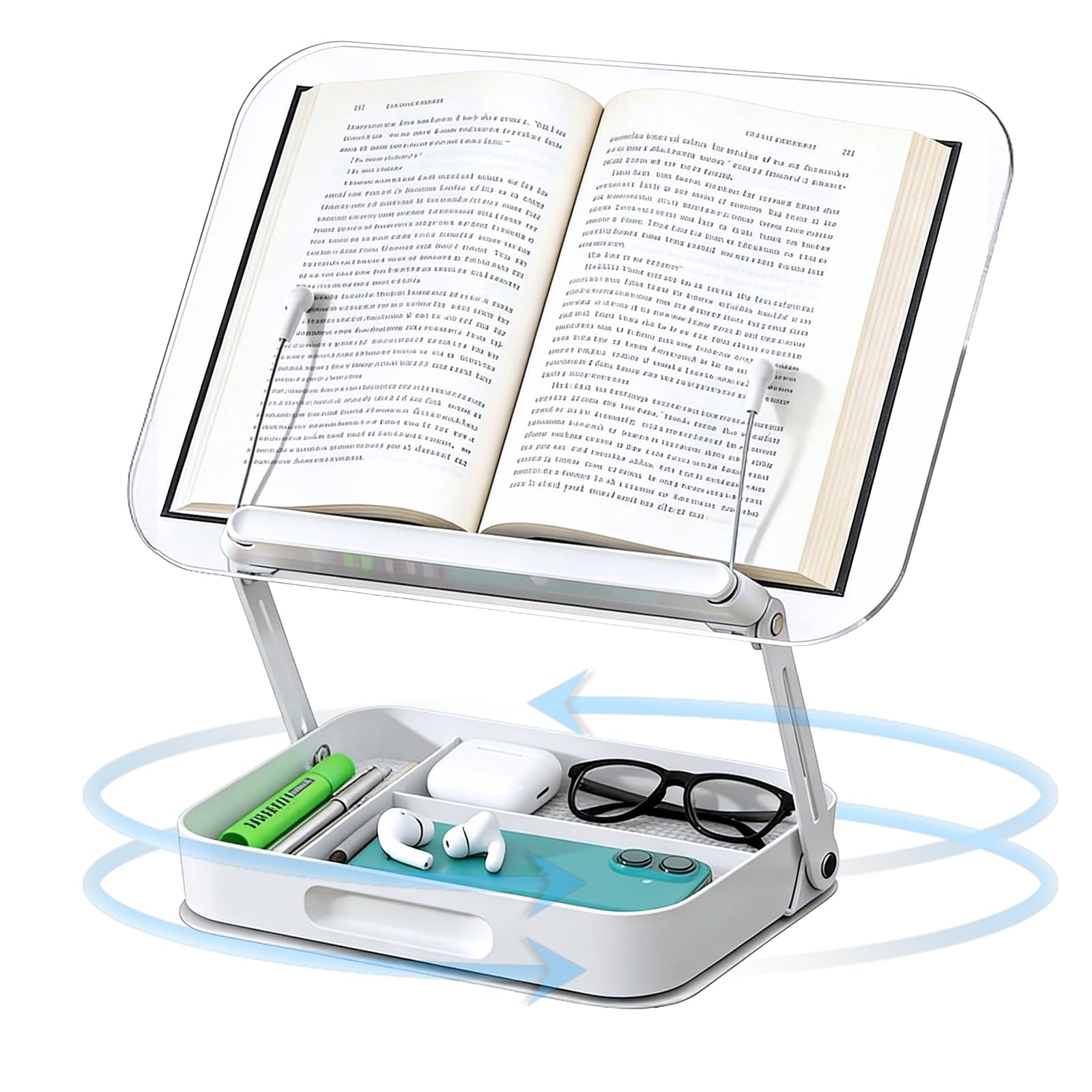Leggio per Libri con Base Girevole a 360°, Pieghevole Supporto Tablet Supporto Libri per Lettura, con Scatola di Immagazzinaggio, Perfetto per Libri, Cuochi, Spartito, Tablet