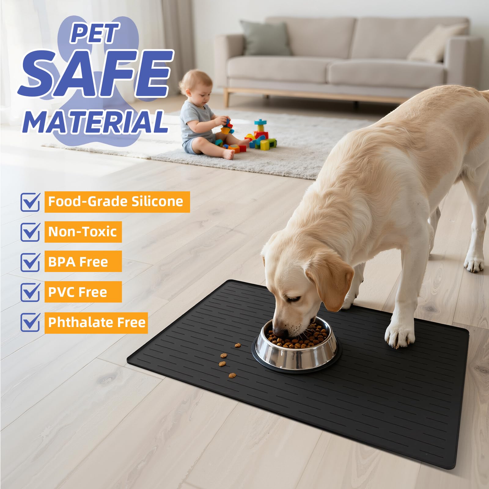 Große Hundematten für Futter und Wasser, 101,6 x 76,2 cm, wasserdichte Haustierfuttermatten für Boden, rutschfeste Silikon-Napfmatten mit erhöhten Kanten