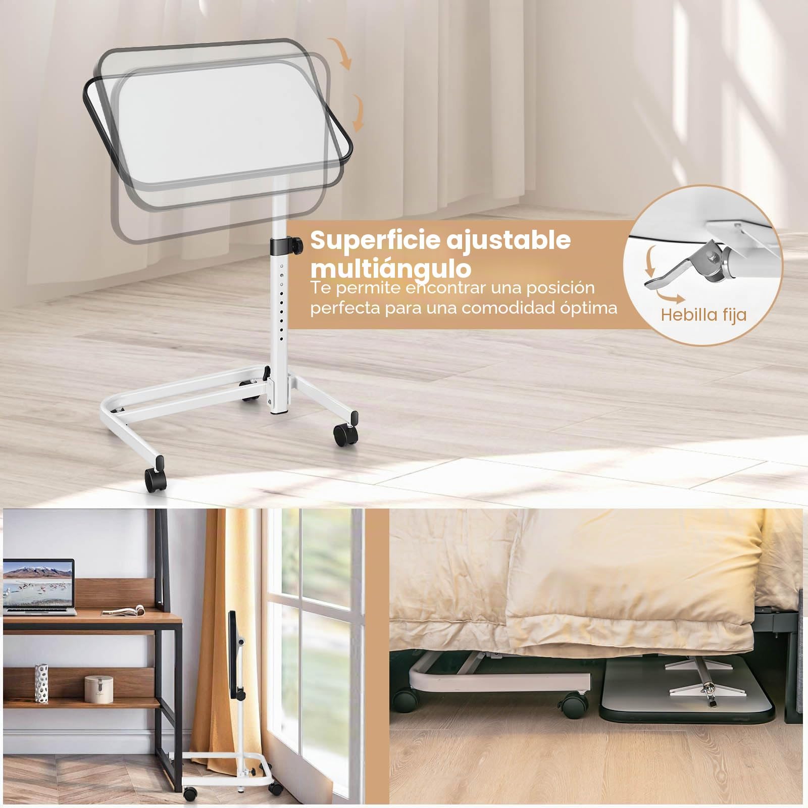 LIFEZEAL mesa Auxiliar con Ruedas, Regulable en Altura, Giratoria, Portátil en Forma de C, para Pacientes, 61 x 40,5 x 73-93 cm (Blanco)més