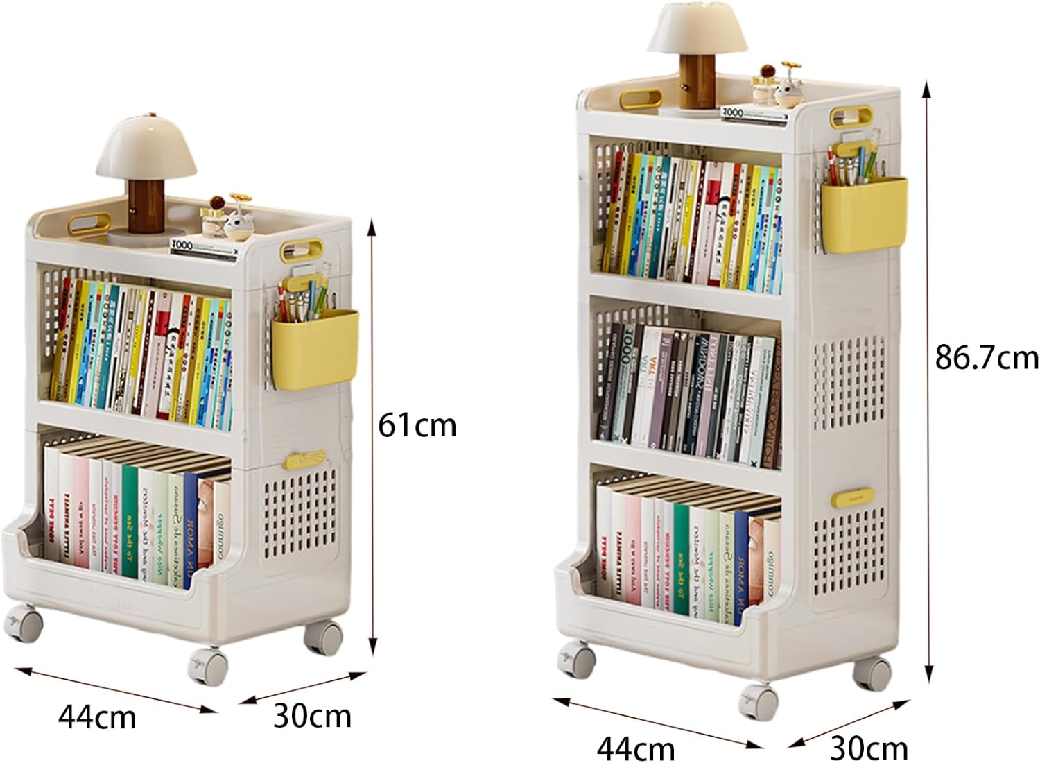 Rolling Bookshelf with Shelves and Wheels, Movable, Foldable, and Stackable, Suitable for Study, Living Room, Office, and Bathroom Beige 3tier-B