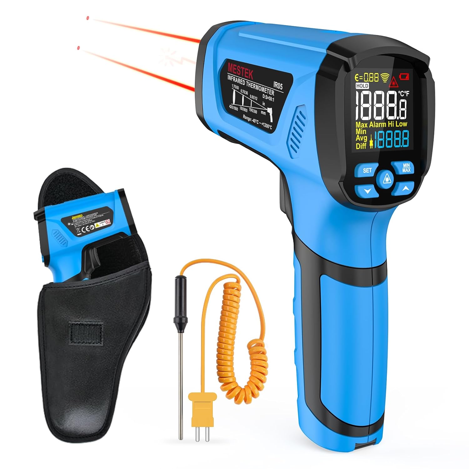 MESTEK Infrared Thermometer Temperature Gun, -40℉ to 2192℉ Dual Laser High Temp Thermometer with LCD Color Display, Non-Contact Industrial Pyrometer 50:1 Distance Ratio, Adjustable Emissivity MESTEK Infrared Thermometer Temperature Gun, -40℉ to 2192℉ Dual Laser High Temp Thermometer with LCD Color Display, Non-Contact Industrial Pyrometer 50:1 Distance Ratio, Adjustable Emissivity