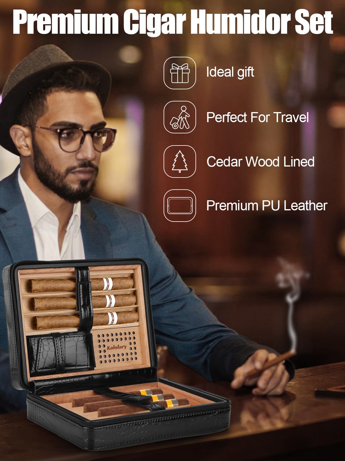 Kalolary Zigarren Humidor Leder mit Zigarrenschneider, Tragbarer Reise Humidor Zigarren mit Zedernholz Auskleidung für Hält bis zu 8 Zigarren, Tolle Geschenke für Männer (Schwarz)