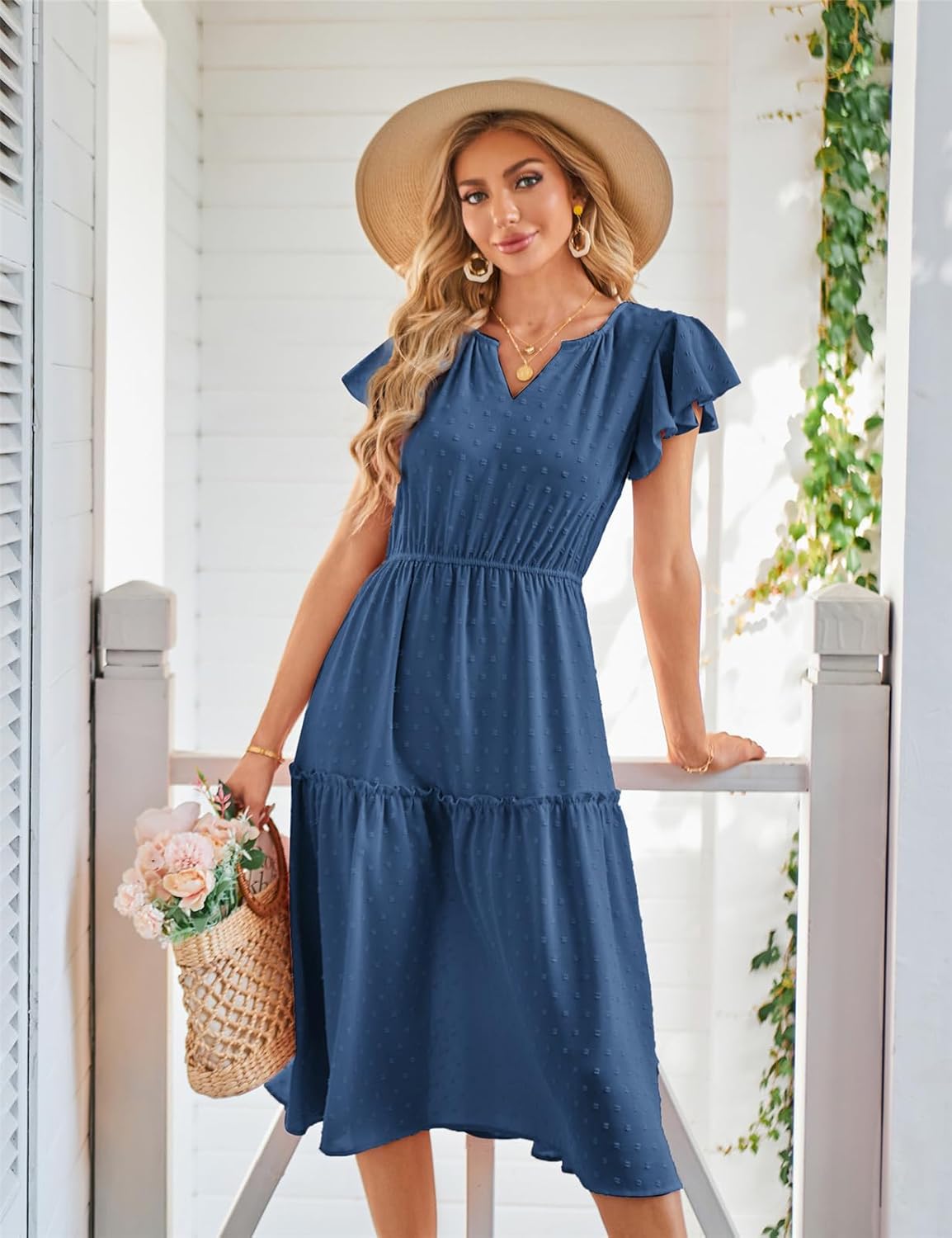 JASAMBAC Womens Dresses Casual Wrap V Neck Ruffle Short Sleeves Floral Print Flowy Dress Wedding Guest A-Line Maxi Dress - Image 8