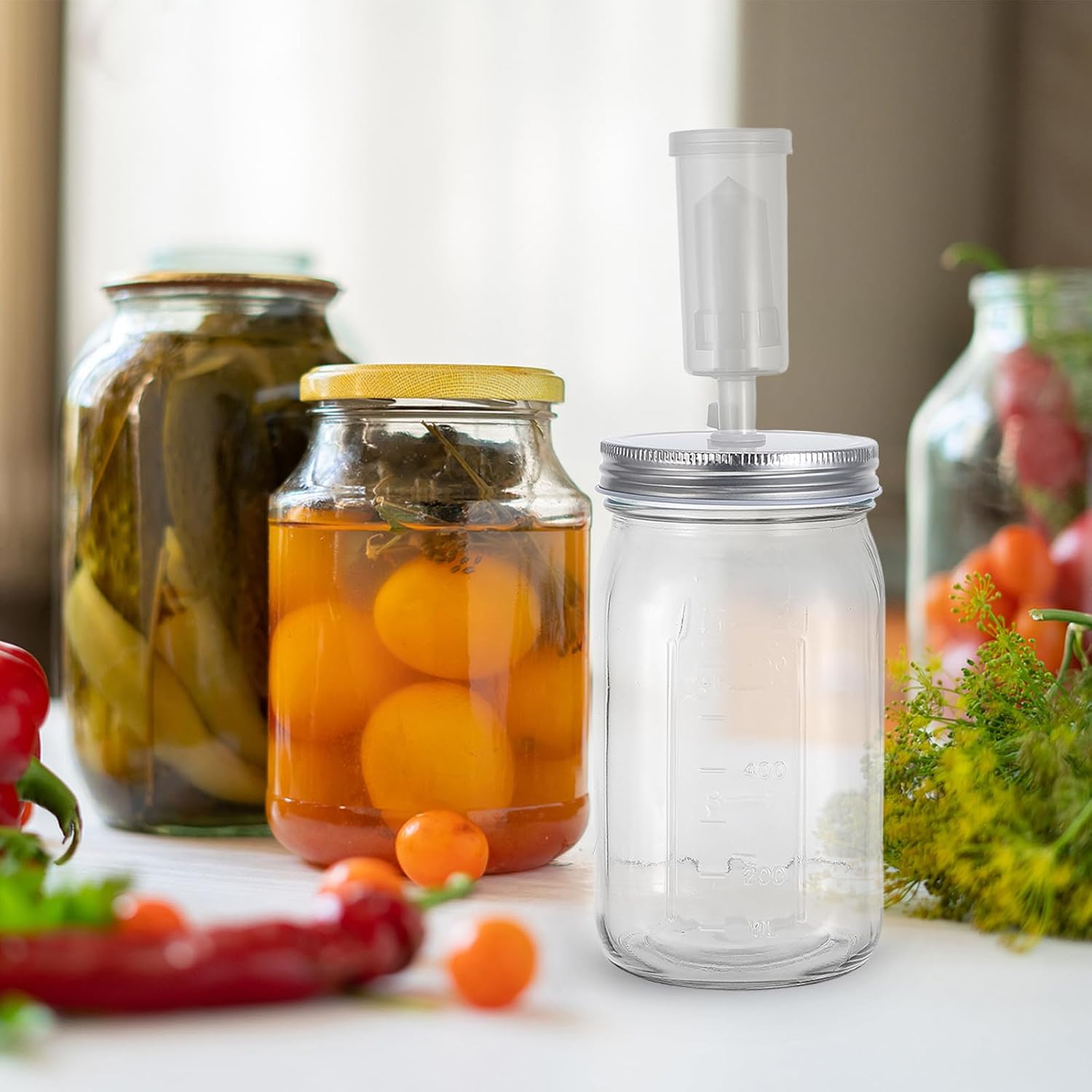 Operitacx 1 Set Fermentation Kit Wide Mouth Mason Jars - Sauerkraut Fermenting Jar Starter with Wood Muddler Lids Glass Weights Tong Silicone Rings for Kimchi