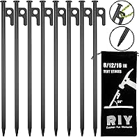 RIY 8 Pack Heavy Duty 12 Inch Forged Steel Tent Stakes - Unbreakable Camping Pegs for Rocky Ground & Snowfields