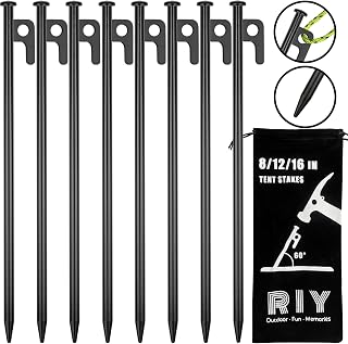 RIY 8 Pack Heavy Duty 12 Inch Forged Steel Tent Stakes - Unbreakable Camping Pegs for Rocky Ground & Snowfields