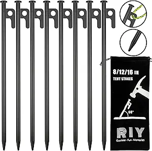 8 Pack Heavy Duty 12-inch Steel Tent Stakes for Camping
