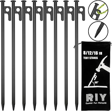 8 Pack Tent Stakes Heavy Duty 12 inch Steel Tent Pegs for Camping Unbreakable and Inflexible