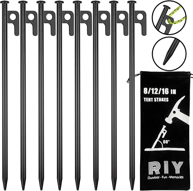 8 Pack Tent Stakes Heavy Duty 12 inch Steel Tent Pegs for Camping Unbreakable and Inflexible
