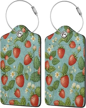 Vintage Strawberry and White Floral Stainless Steel Circular Ring Leather Travel Bag Luggage Tag with Privacy Cover