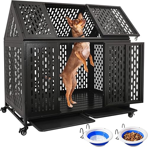 Jaula indestructible para perros de 44 pulgadas, resistente a prueba de escapes, jaula de acero fuerte con impacto para perros grandes y medianos,