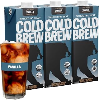 Wandering Bear Organic Vanilla Cold Brew Coffee - Extra Strong, Bold, Smooth, Unsweetened, Shelf-Stable, Ready to Drink, Gluten Free, & Vegan Iced Cold Brewed Coffee Drink - 32 fl oz, 3 pack