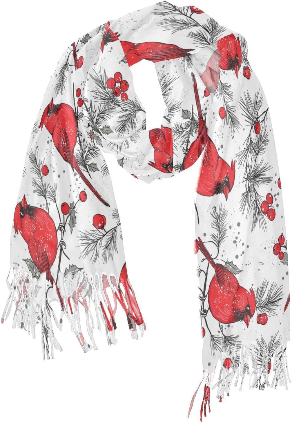 Winter Scarf for Women Red Cardinal Birds Holly Leaves Fashion Tassel Shawl Wraps for Women, Cold Weather Warm Womens Scarves Soft Long Scarf Gifts