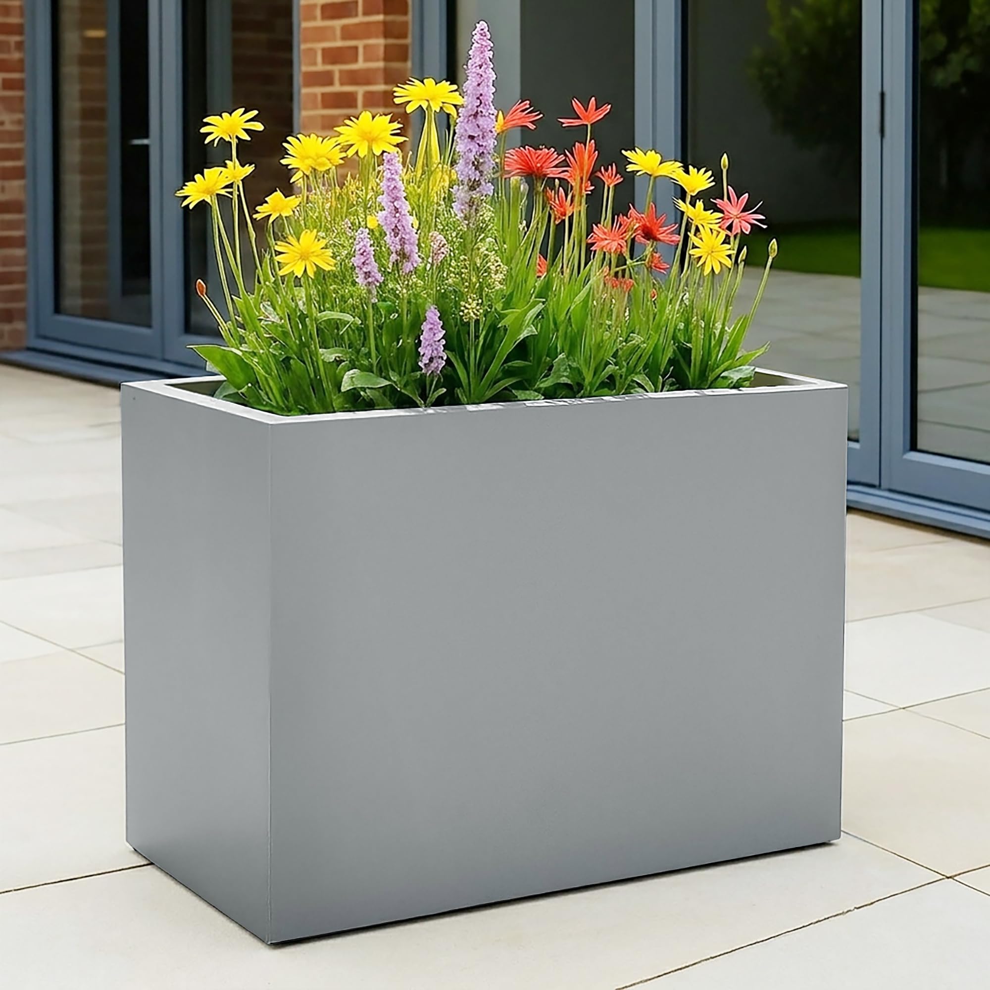IDEALIST 60cm Large Trough | Grey Reinforced Stone Rectangular Planter | Garden Plant Pots with Drainage Holes L60 W30 H50.5 cm, 62 litres