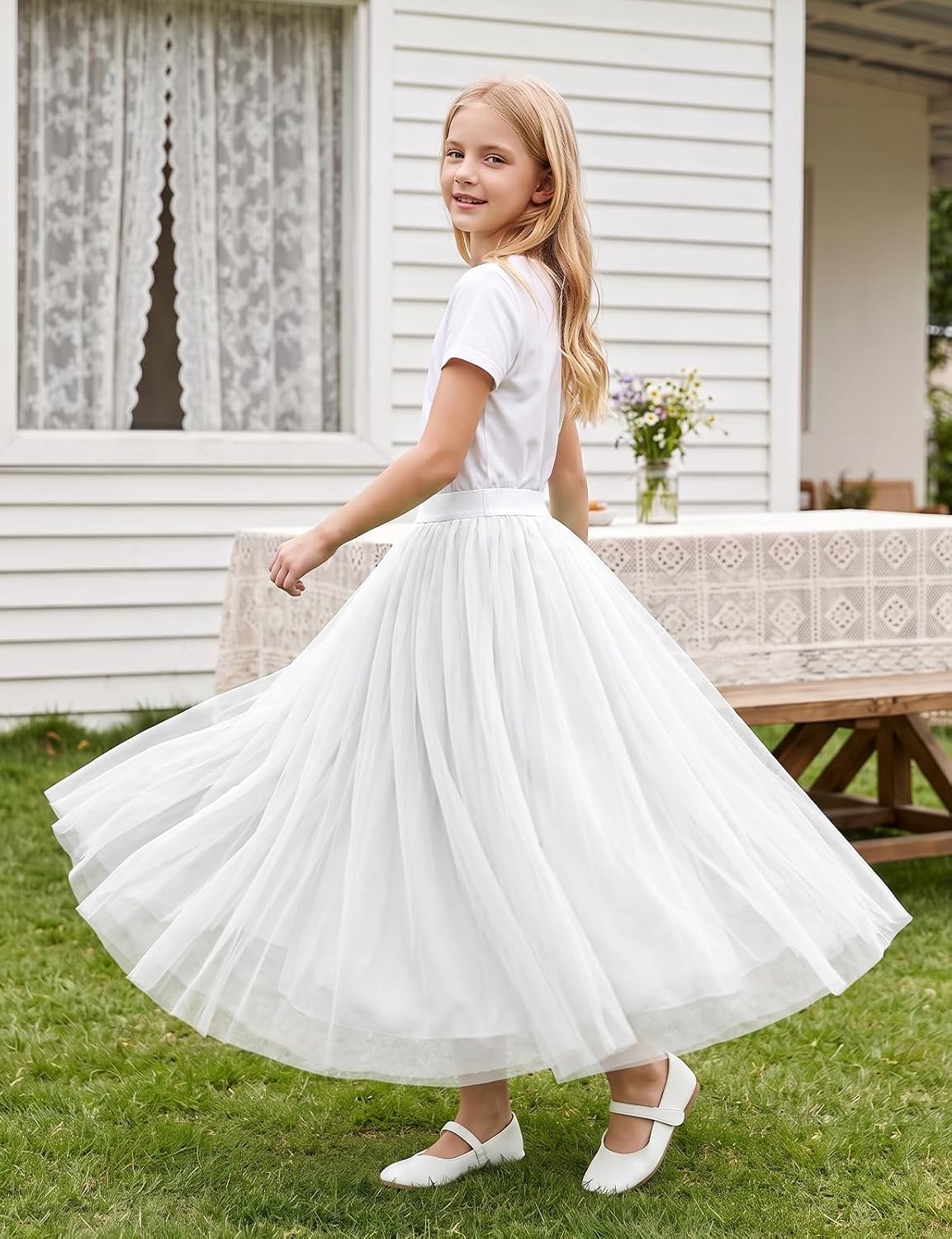 Noomlfish Kids Long Tutu Skirts Flower Girl Tulle Party Maxi Skirt (4-12 Years)