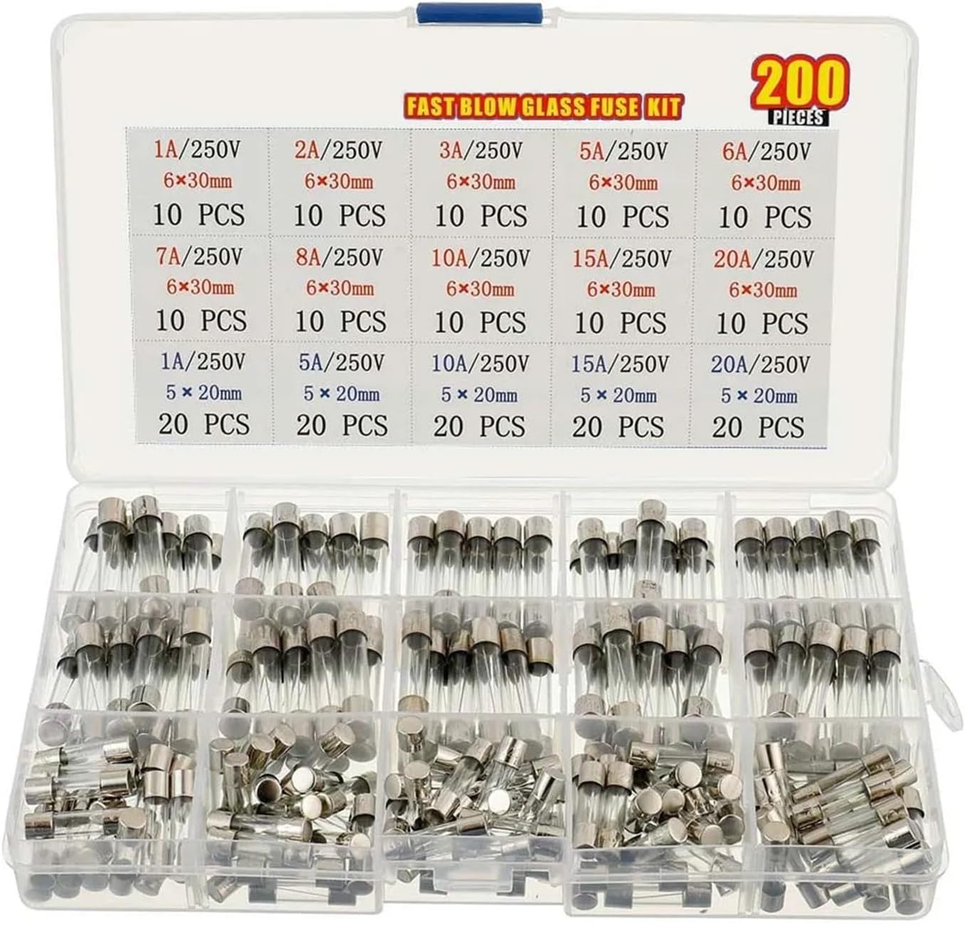 15 Values 200 pcs Fast-Blow Glass Fuses Assortment Kit 5x20mm 250V 1 5 10 15 20A 6x30mm 250V 1 2 3 5 6 7 8 10 15 20A amp