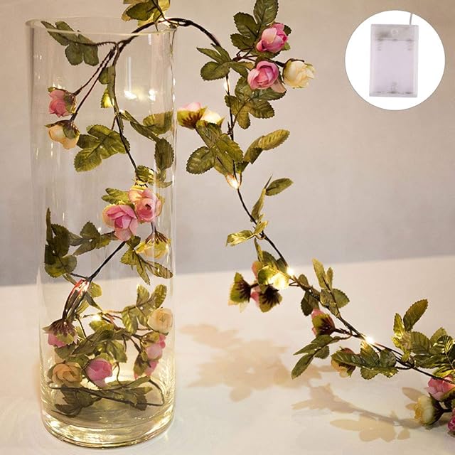 LED Fairy String Lights, Artificial Rose Ivy Garland Copper String Lights Perfect Wedding Decorations - AA Battery Powered - Warm White for Home Garden Party Parasol Wedding Decorations (2M)