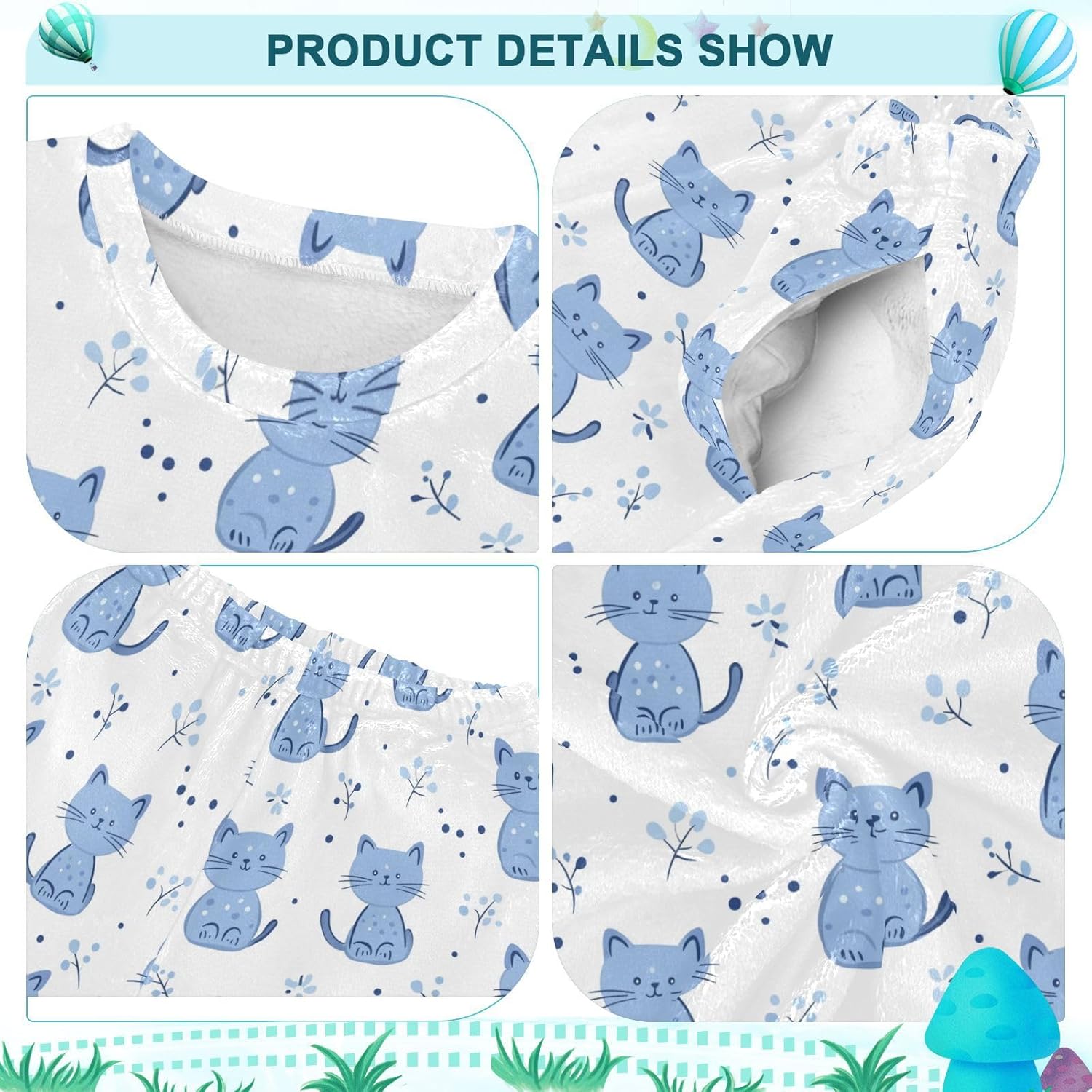 Blue Cartoon Cat Plush Pajama Sets Soft Flannel Fleece Sleepwear