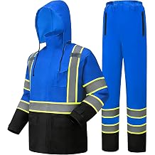 Hi Vis Rain Jacket, Rain Suits for Men with Removable Hood, Rain Coats for Men Interior Mesh, Class 3 High Visibility Rain Gear,Waterproof Zipper Blue 2XL/3XL