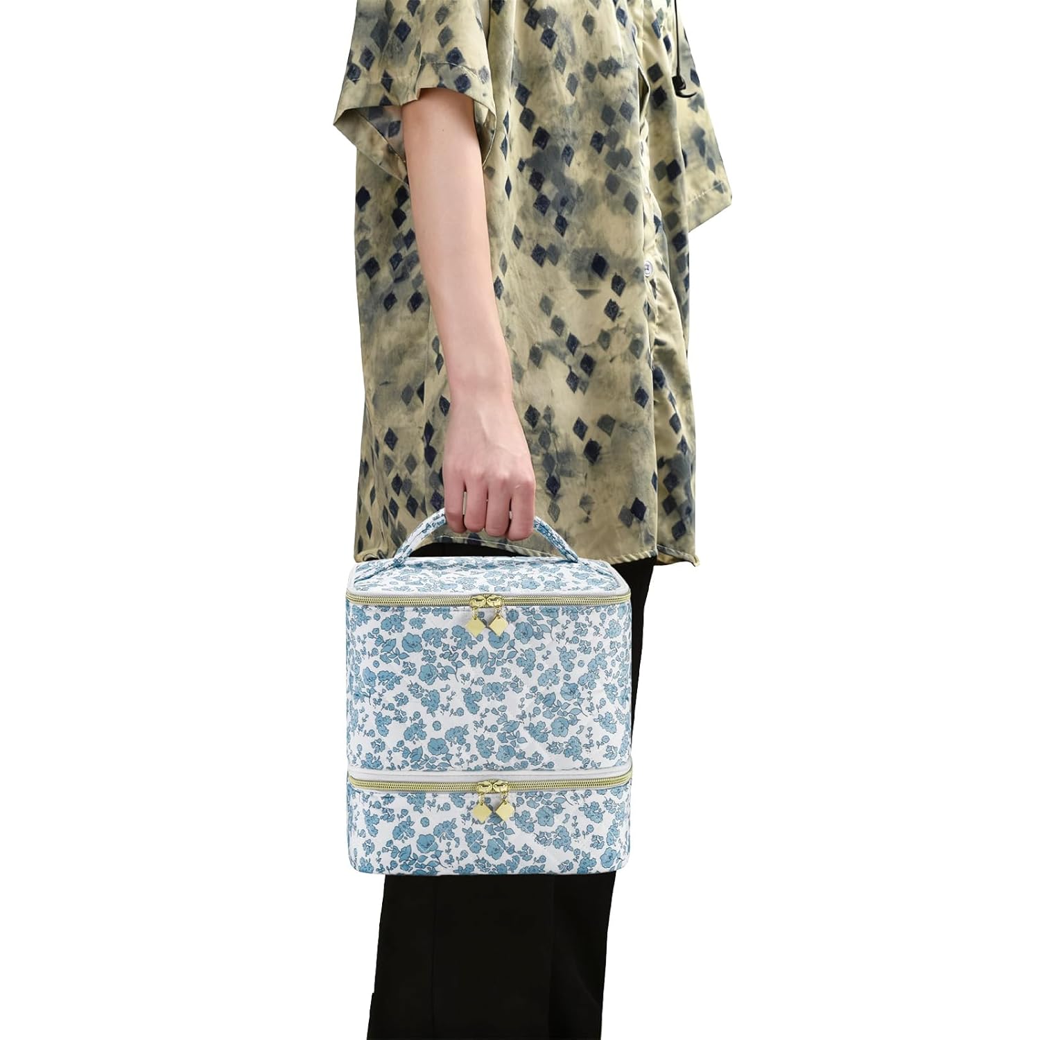 Upgraded Nail Polish Organizer Case - Holds 30 Bottles and 1 Nail Light, Double-layer Nail bag Organzier Case Nail Polish Storage Bag with Handles (Blue-Flower)