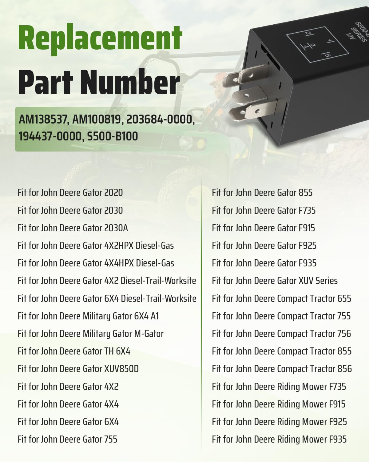 Glow Plug Relay Module AM138537 AM100819 Fit for John Deere 4X2 4X4 6X4 755 855 F735 F915 F925 F935 XUV Gators 655 755 756 855 856 Compact Tractor