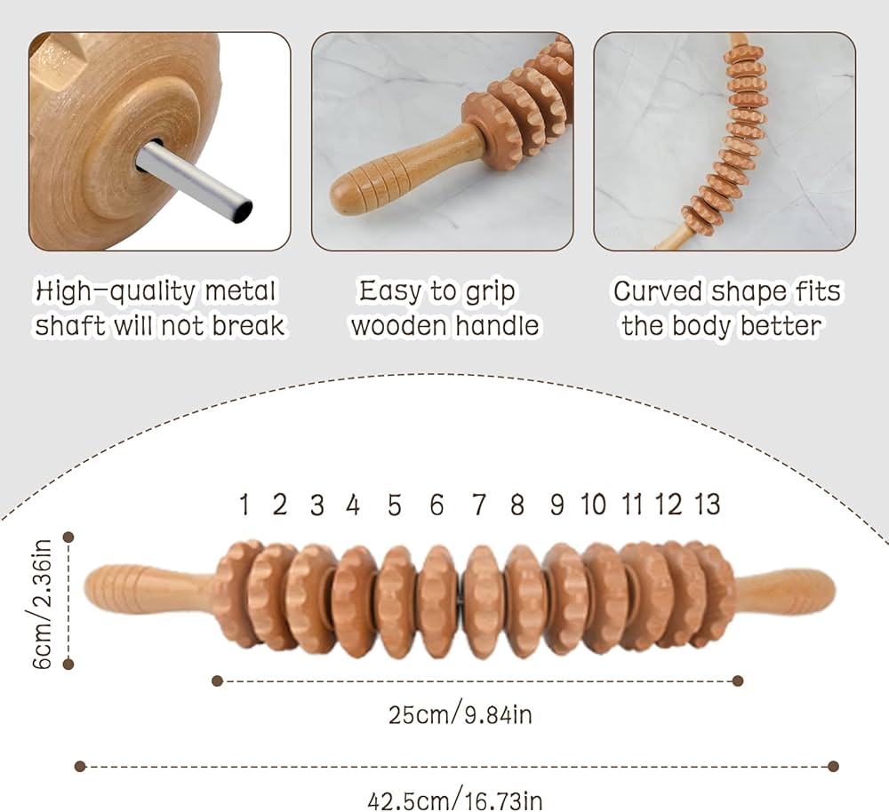 Coriver Kit Maderotherapie Cellulite, 42.5 Cm Bois Massage Manuel Anti Cellulite 13 Roues Drainage Lymphatique Rouleau De Ma Aminc