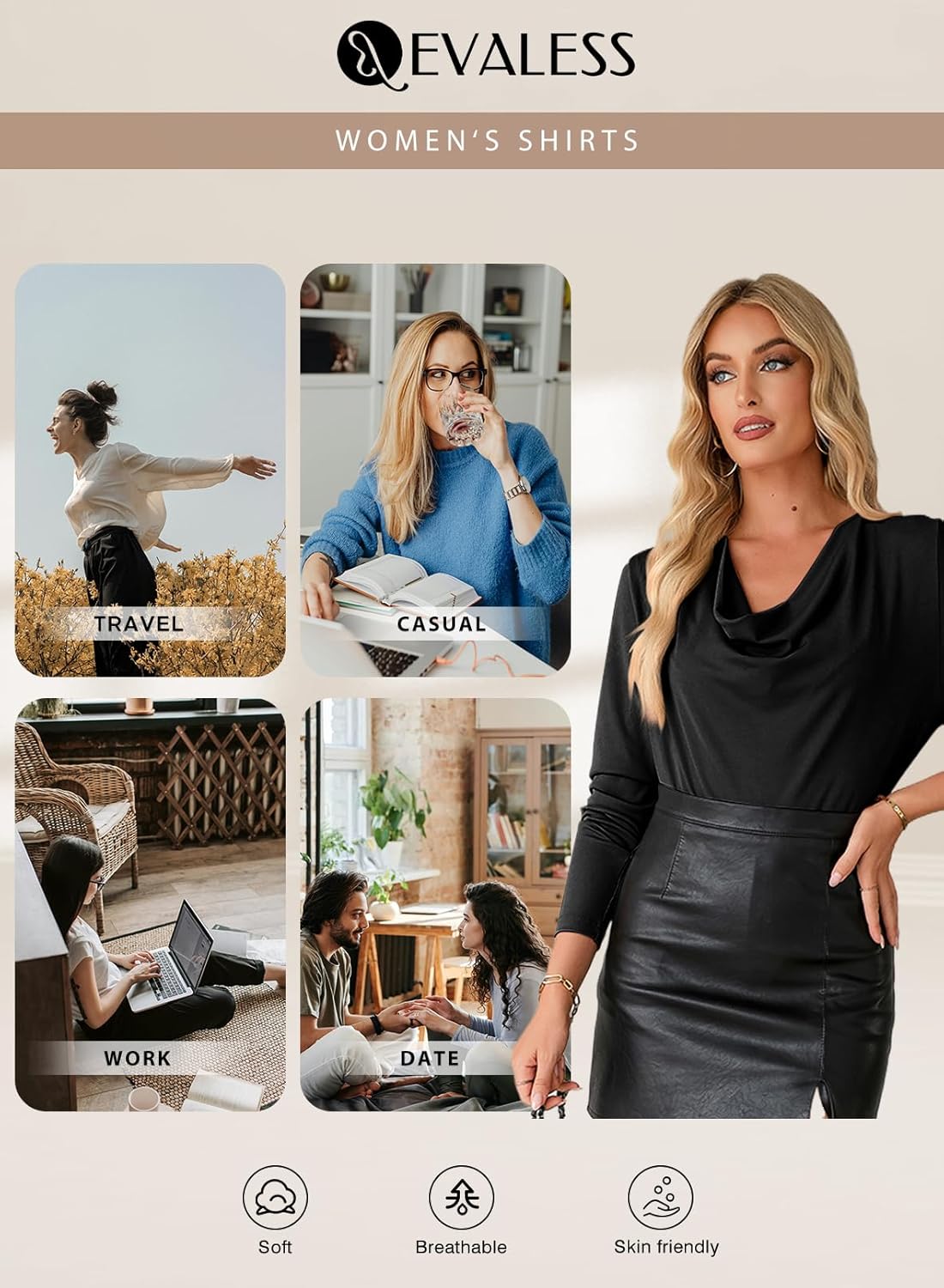 EVALESS Long Sleeve Shirts for Women Fall Womens Tops Spring Cowl Neck Draped Blouses Tee Professional Teacher Outfits for Work Office Formal Business Casual Outfits Loose Fitted,Black Large - Image 4