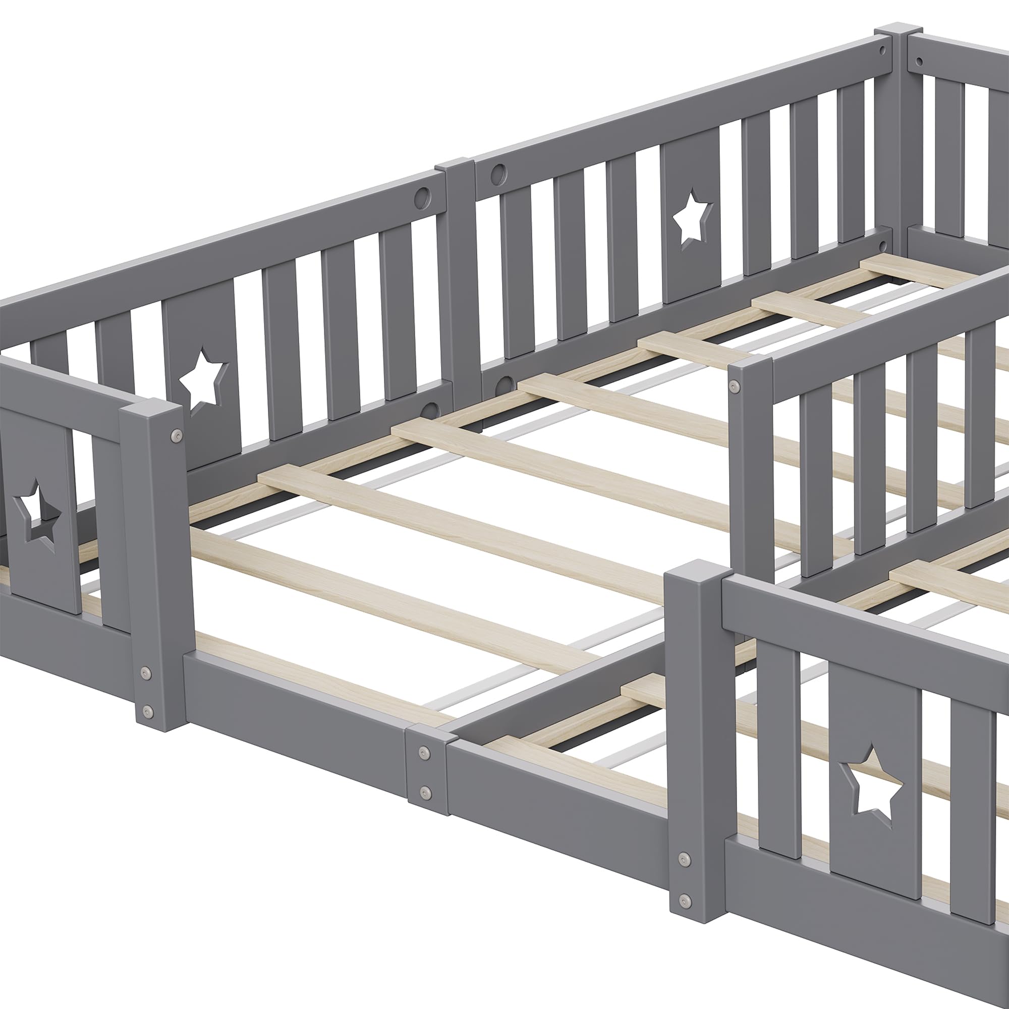 BRILVERDE Letto a terra per bambini 180x200 cm, struttura in legno massiccio con protezione anticaduta perimetrale – con rete a doghe, letto per bambini, letto per adolescenti, in legno di pino – per