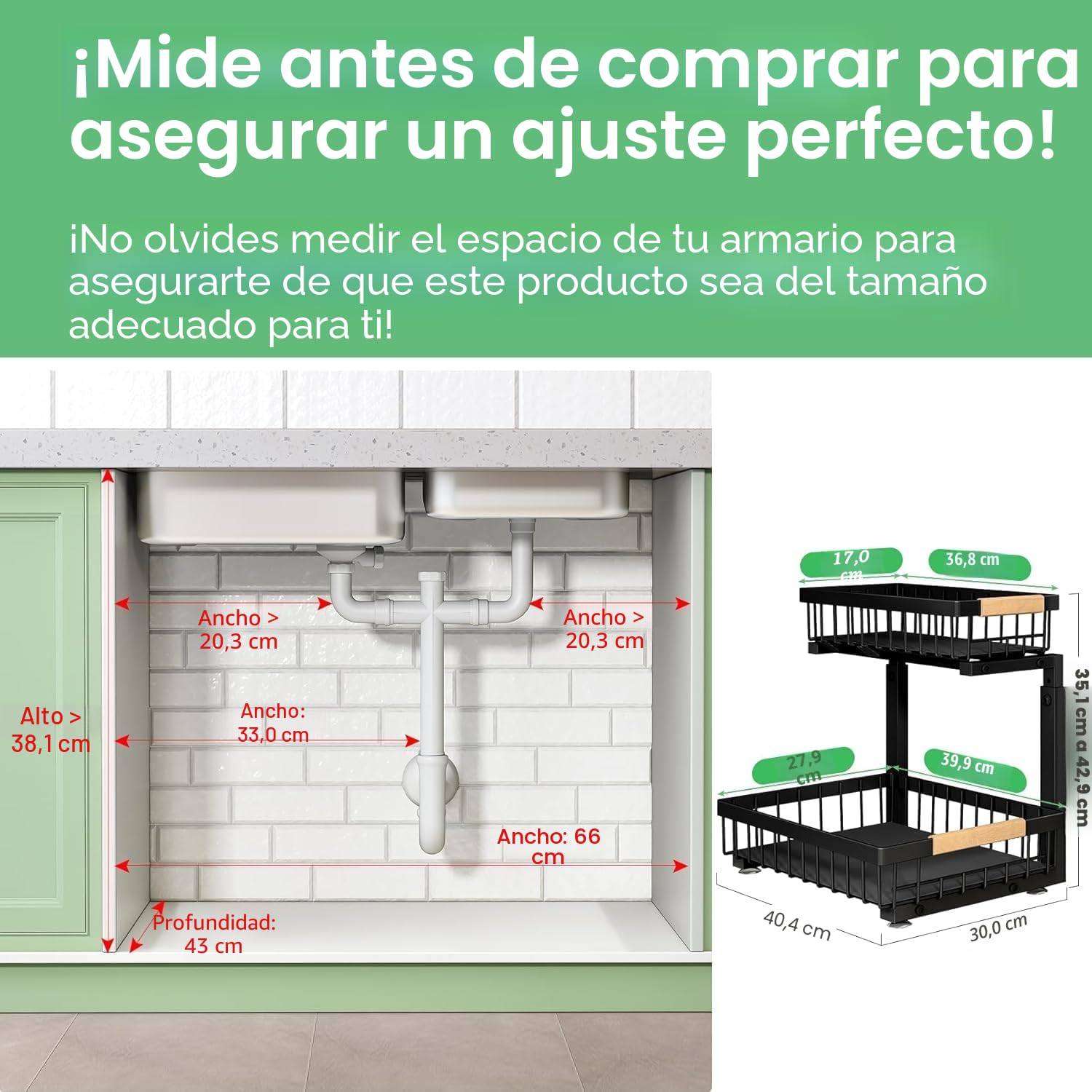 Kitstorack Metal Organizador Fregadero, 2 Niveles Organizador Extraíble Estante Almacenamiento Debajo Fregadero Para Cocina, Baño, Negro