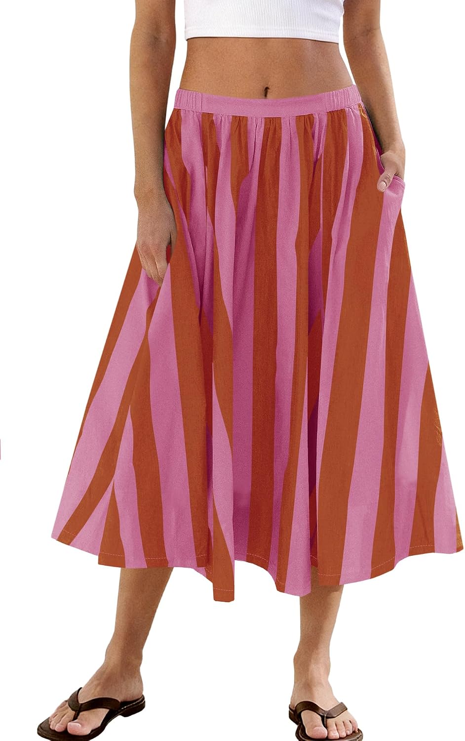 Panadila Womens Striped Midi Skirt Summer Beach Long Flowy Skirts Elastic High Waisted A Line Skirt with Pockets