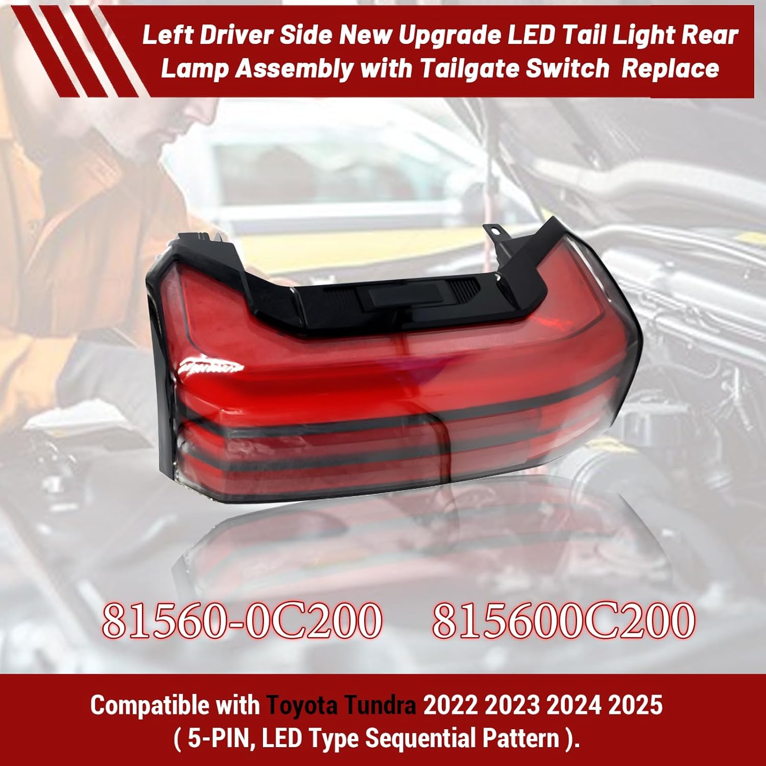 led tail light rear lamp assembly with tailgate switch compatible with toyota tundra 2022 2023 2024 2025 left driver side replace# 81560-0c200 815600c200 (5-pin, led type sequential pattern)