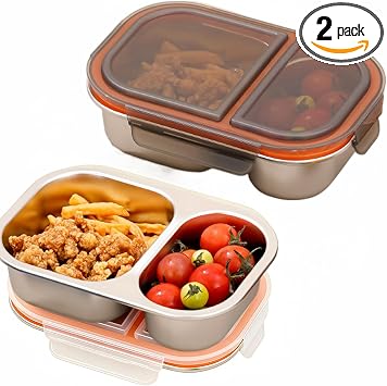 2 Pack Stainless Steel Snack Containers with Lids,2 Compartments Reusable Snackle Box,BPA-Free & Leakproof Snack Box for School, Office, Travel