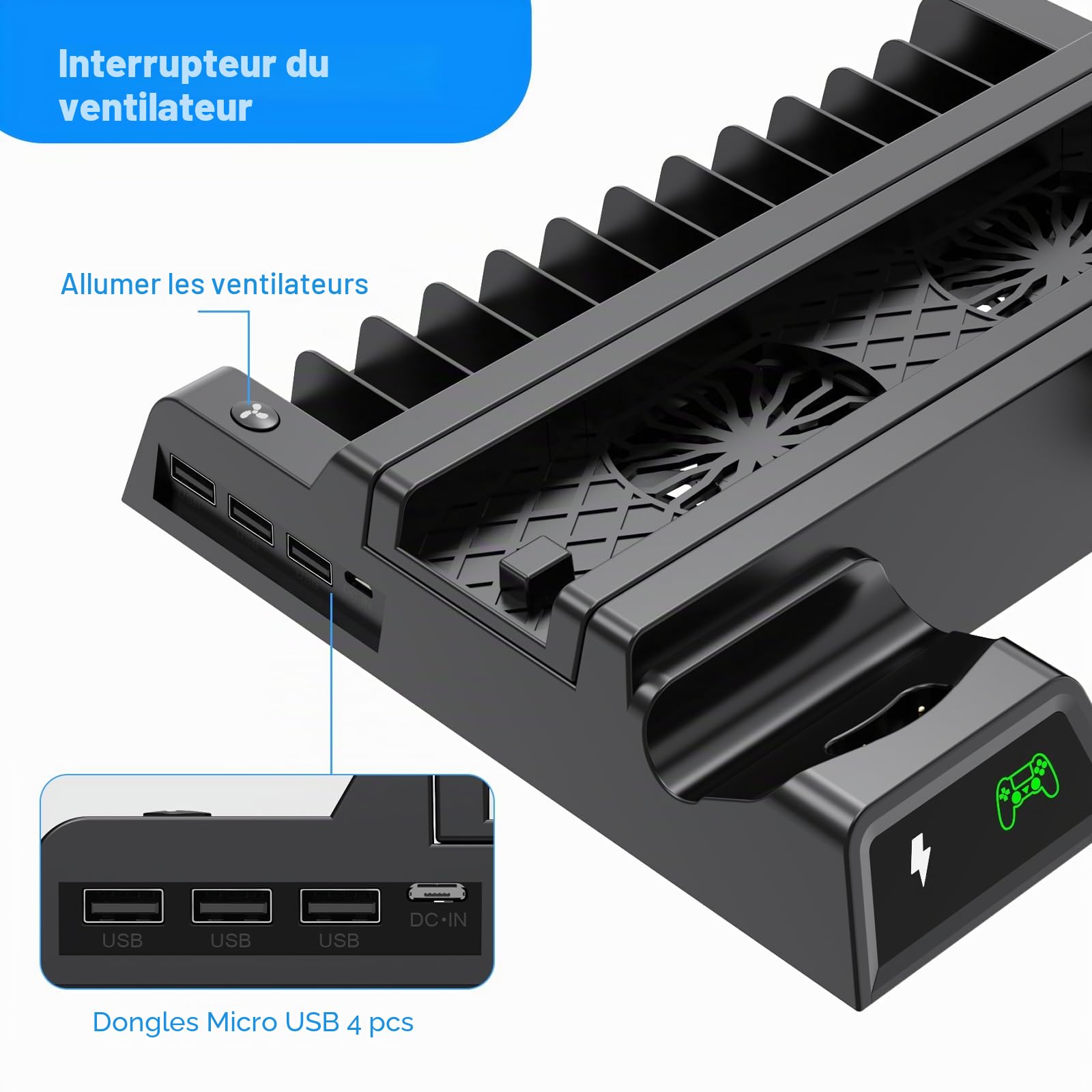 ASUNCELL Support Vertical PS4 avec Ventilateur et Station de Charge pour Playstation 4/Pro/Slim - Refroidisseur et Contrôleur avec 12 Jeux de Rangement