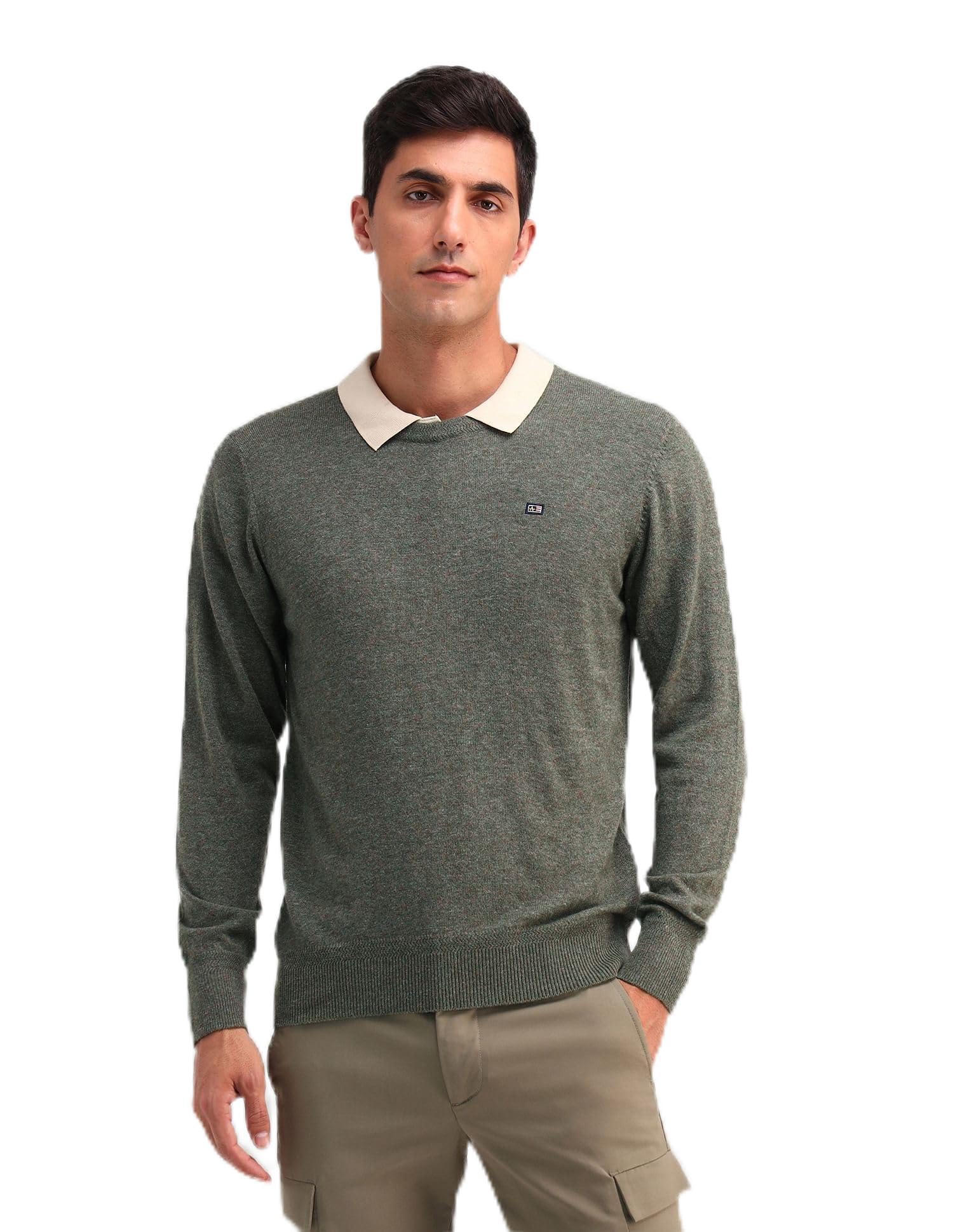 arrow sports Mens Green Solid Long Sleeve Cotton Classic Pullover Sweater-picture-11