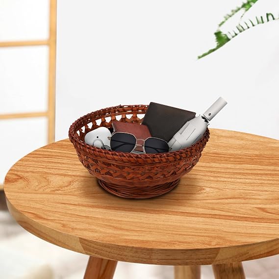 Bamboo Bread Baskets, 3 Pack Hand Woven Round Fruit Baskets for Serving, Handmade Picnic Basket, Retro Wicker Decorative Storage for Living Room Kitchen Restaurant Red Brown