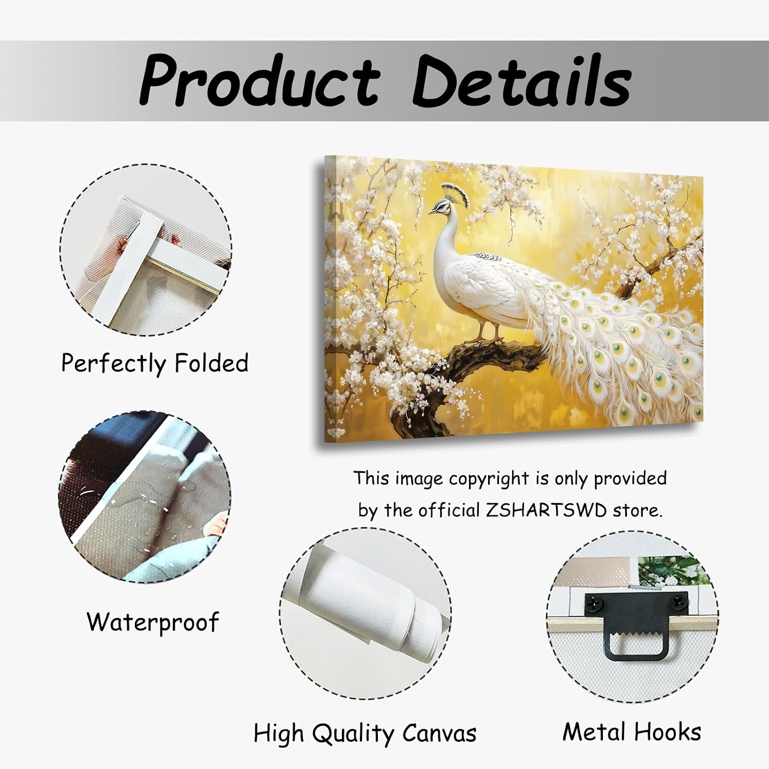 ZSHARTSWD Peacock Wall Art White and Gold Peacock Pictures Bird Animal Canvas Prints Elegant Feather Flowers Painting for Home Living Room Decor Framed (White, 18L x 12W)