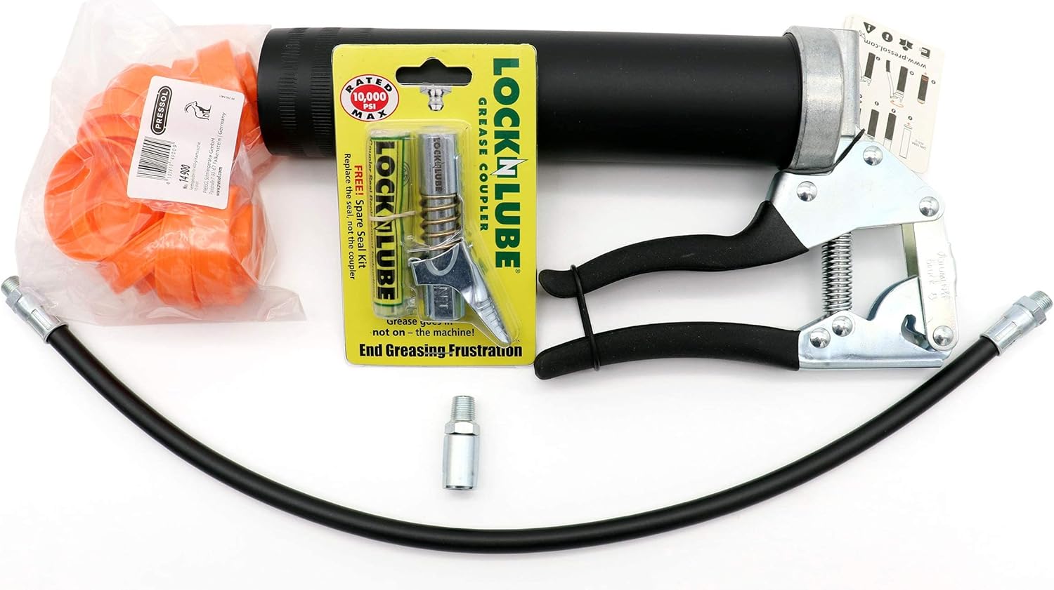 LockNLube Easy-Prime Pistol-Grip Grease Gun. Includes Our Patented Grease Coupler (Locks on, Stays on, Won't Leak!) Plus a 20" Hose and in-line Hose Swivel.